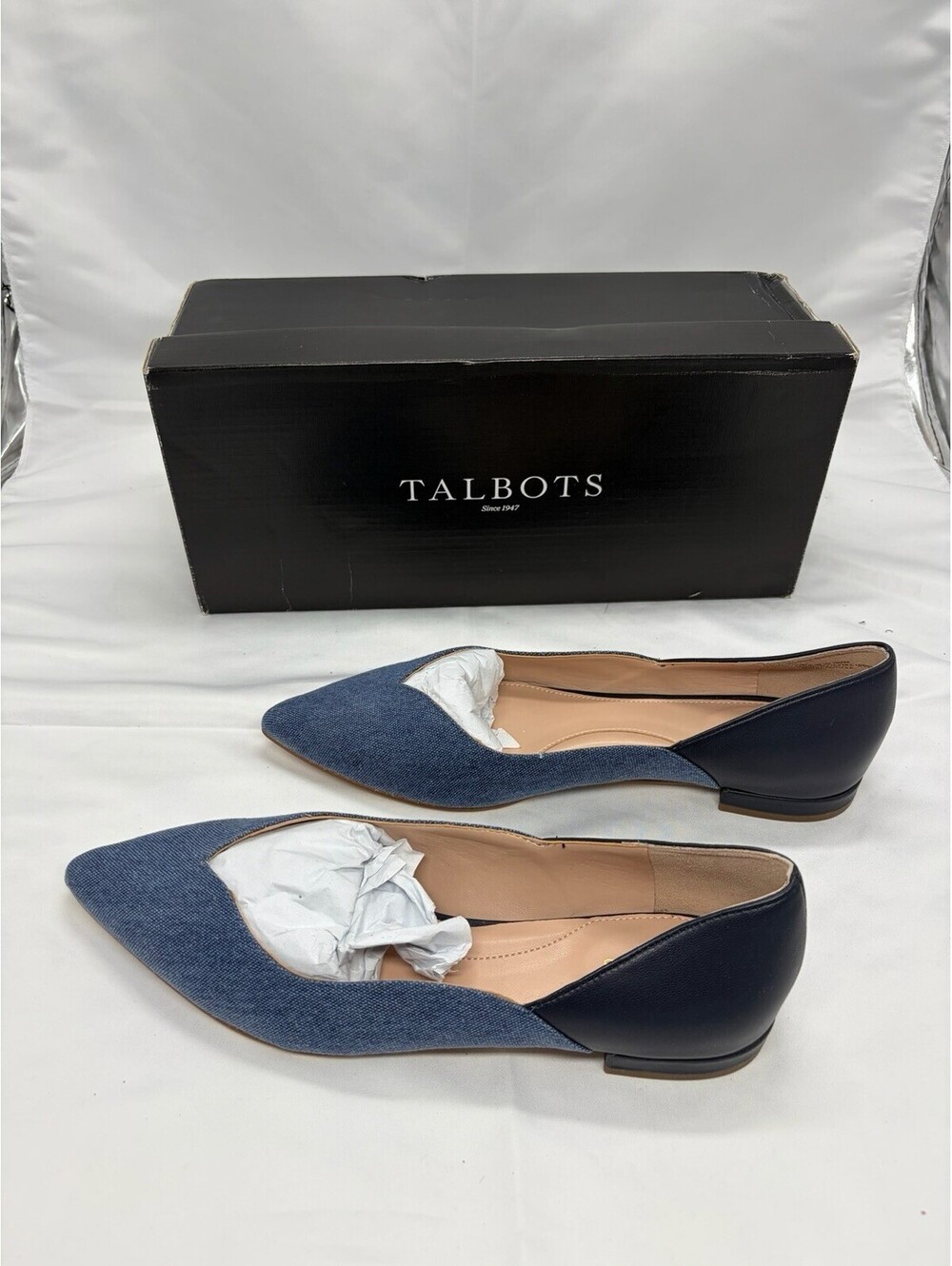 Talbots Portia Denim and Navy Pointed Toe, Flat Shoes Sz 7.5M NIB